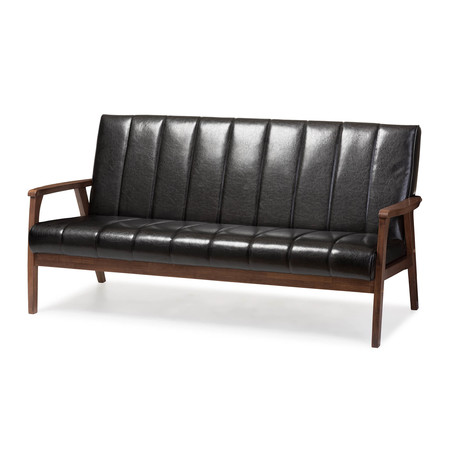 Baxton Studio Nikko Mid-century Black Faux Leather Wooden 3-Seater Sofa 121-6748